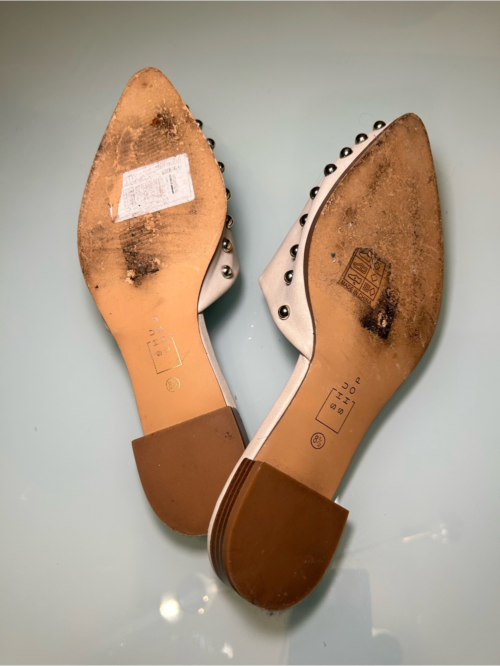 ShuShop Alaska Ivory Bone Studded Pointed Toe Mules | Slip-On Flats Neutral Chic - Picture 6 of 6